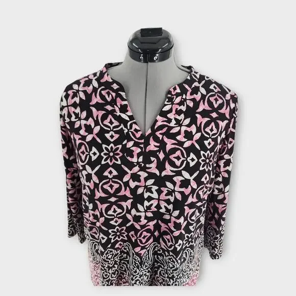 Susan Graver Blouse Women's LP 3/4 Sleeve V-Neck Stretch Floral Design Slinky - Picture 3 of 7